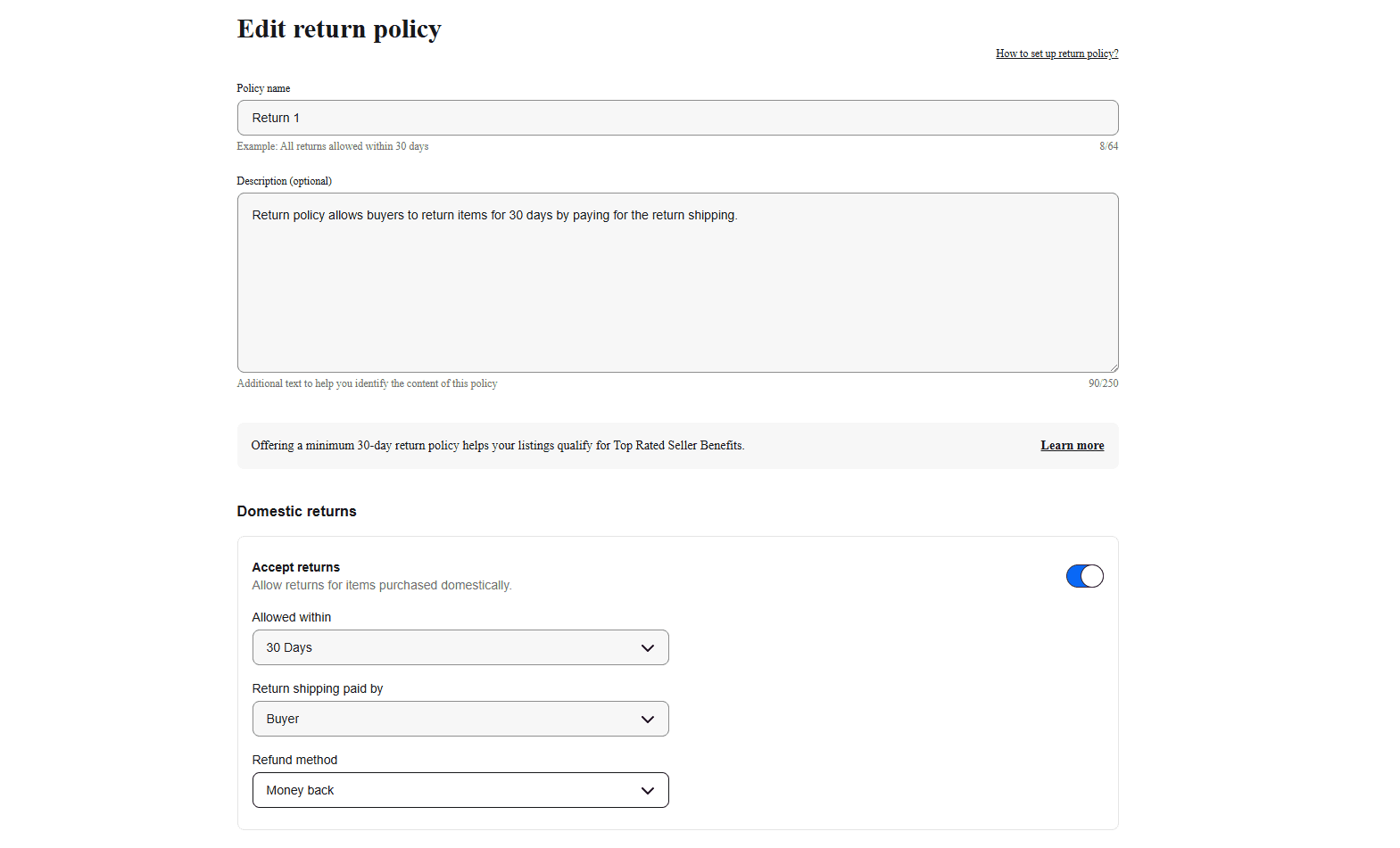 eBay Return Policy Preferences
