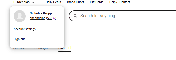 eBay Account Settings Menu